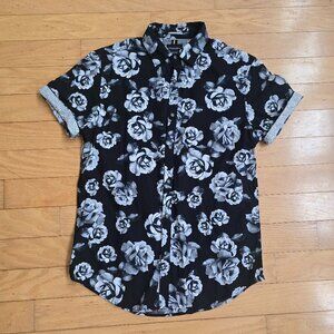Denim & Flower | maximalist gray rose print fitted button-up shirt | MENS M